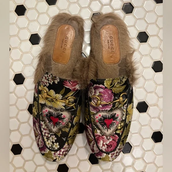 Gucci Horsebit Mules Brocade Floral Bleeding Heart Slip On Fur Lined Slides 39.5 - Picture 6 of 17